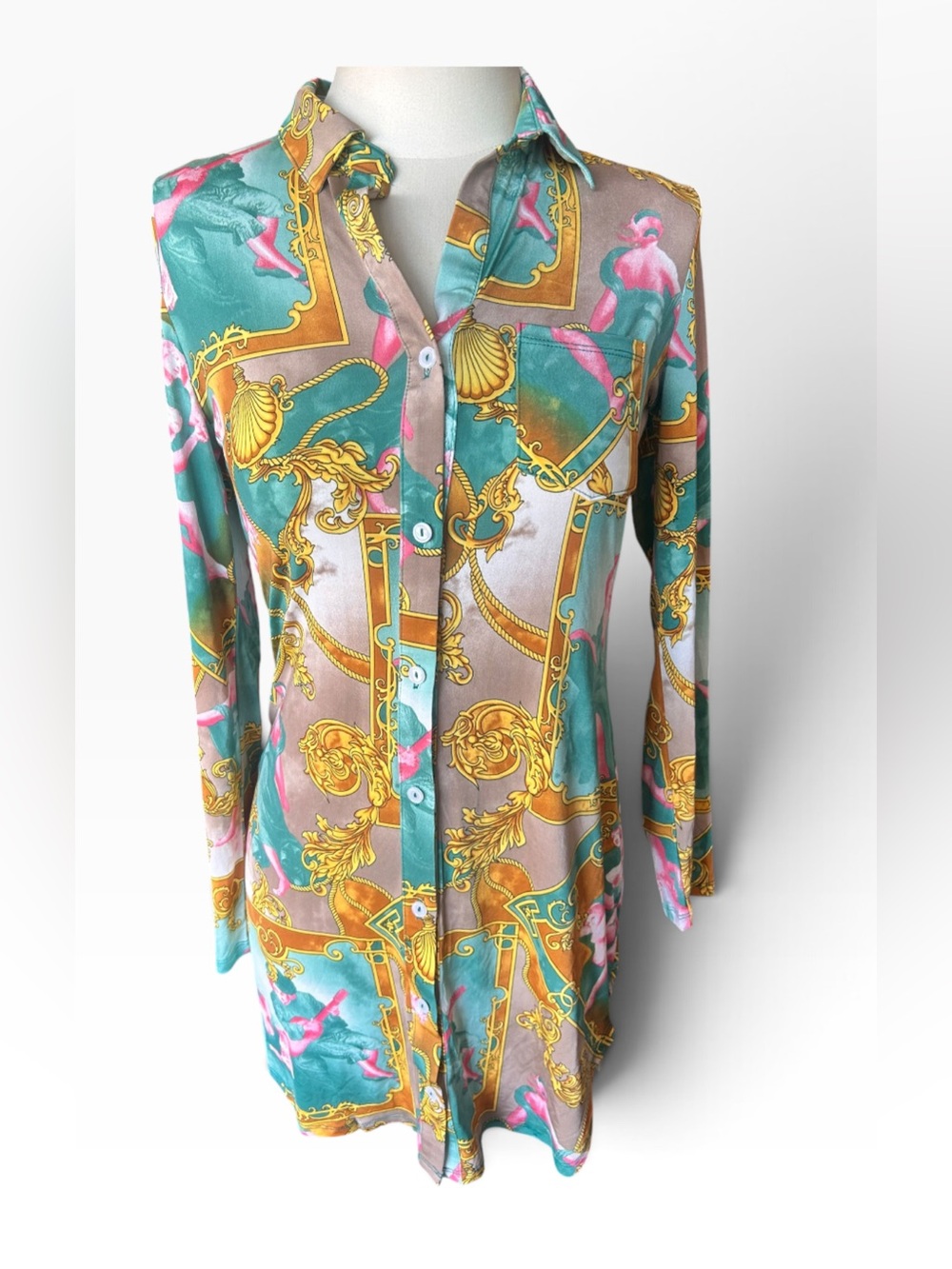 Timing Teal Pink and Gold Baroque Print Button-Down Shirt